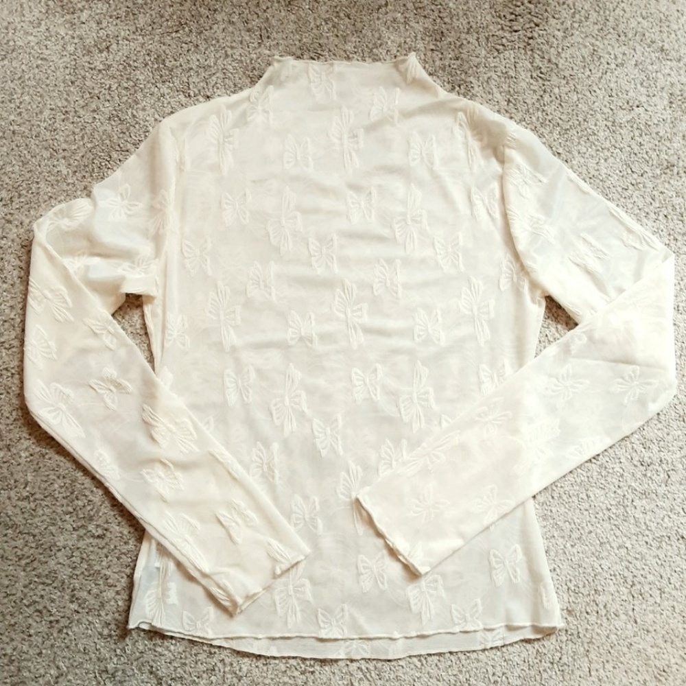 NWOT Ivory Cream Sheer Mesh Top Bows Pattern Long Sleeve Size L - Picture 11 of 11